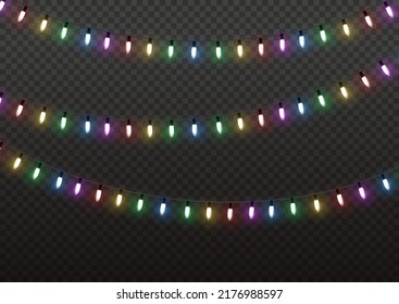 Weihnachtsbeleuchtung. Vektorlinie mit leuchtenden Glühbirnen.Set von goldenen xmas leuchtendes Land Led Neon Lampe Illustration. Weihnachtsleuchten einzeln auf transparentem Hintergrund für Karten, Banner, Poster