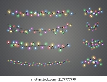 Weihnachtsbeleuchtung. Vektorlinie mit leuchtenden Glühbirnen.Set von goldenen xmas leuchtendes Land Led Neon Lampe Illustration. Weihnachtsleuchten einzeln auf transparentem Hintergrund für Karten, Banner, Poster