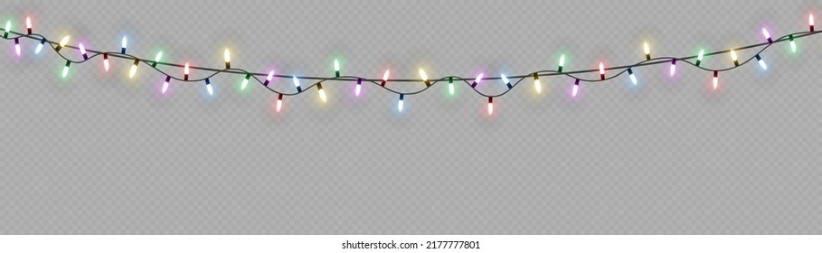 Christmas lights. Vector line with glowing light bulbs.Set of golden xmas glowing garland Led neon lamp illustration. Christmas lights isolated on transparent background for cards, banners, posters