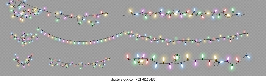 Weihnachtsbeleuchtung. Vektorlinie mit leuchtenden Glühbirnen.Set von goldenen xmas leuchtendes Land Led Neon Lampe Illustration. Weihnachtsleuchten einzeln auf transparentem Hintergrund für Karten, Banner, Poster