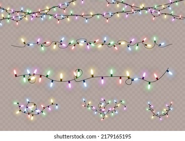 Christmas lights. Vector line with glowing light bulbs.Set of golden xmas glowing garland Led neon lamp illustration. Christmas lights isolated on transparent background for cards, banners, posters