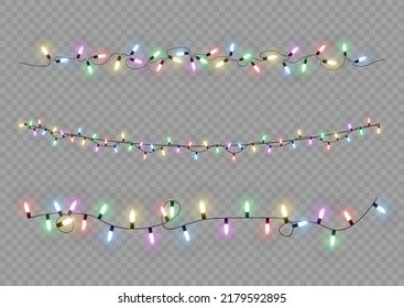 Weihnachtsbeleuchtung. Vektorlinie mit leuchtenden Glühbirnen.Set von goldenen xmas leuchtendes Land Led Neon Lampe Illustration. Weihnachtsleuchten einzeln auf transparentem Hintergrund für Karten, Banner, Poster