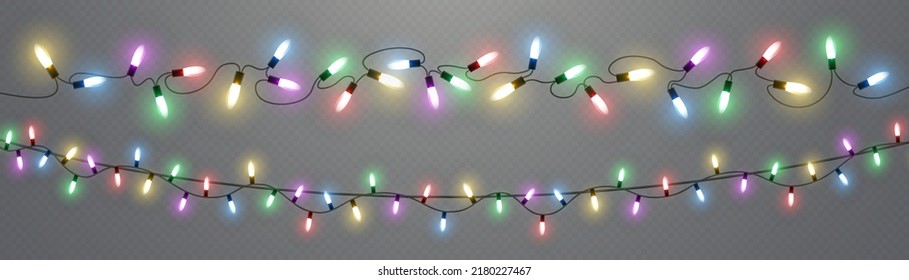 Christmas lights. Vector line with glowing light bulbs.Set of golden xmas glowing garland Led neon lamp illustration. Christmas lights isolated on transparent background for cards, banners, posters