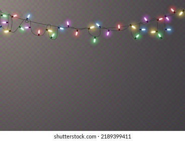 Luces navideñas. Línea de vectores con bombillas brillantes.Conjunto de lámparas de luz dorada de navidad brillante Led neon ilustración. Luces navideñas aisladas en fondo transparente para tarjetas, carteles, afiches