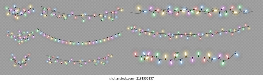 Christmas lights. Vector line with glowing light bulbs.Set of golden xmas glowing garland Led neon lamp illustration. Christmas lights isolated on transparent background for cards, banners, posters