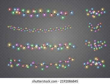 Christmas lights. Vector line with glowing light bulbs.Set of golden xmas glowing garland Led neon lamp illustration. Christmas lights isolated on transparent background for cards, banners, posters