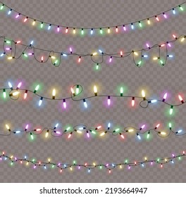 Luces navideñas. Línea de vectores con bombillas brillantes.Conjunto de lámparas de luz dorada de navidad brillante Led neon ilustración. Luces navideñas aisladas en fondo transparente para tarjetas, carteles, afiches