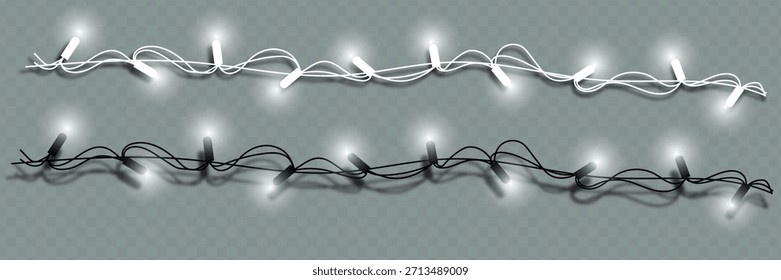 Navidades luces. Línea de Vector con bombillas brillantes. Conjunto de guirnalda brillante de Navidad dorada Ilustración de lámpara de neón led. Navidades luces aisladas sobre fondo transparente para tarjetas, Anuncios, carteles
