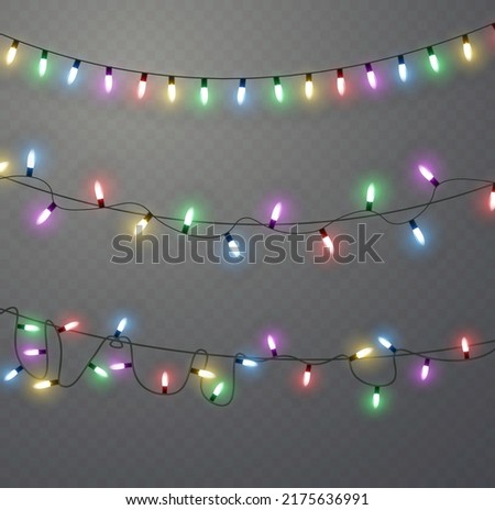 Christmas lights. Vector line with glowing light bulbs.Set of golden xmas glowing garland Led neon lamp illustration. Christmas lights isolated on transparent background for cards, banners, posters