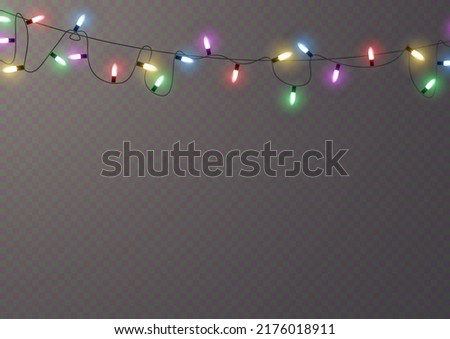 Christmas lights. Vector line with glowing light bulbs.Set of golden xmas glowing garland Led neon lamp illustration. Christmas lights isolated on transparent background for cards, banners, posters