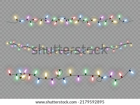 Christmas lights. Vector line with glowing light bulbs.Set of golden xmas glowing garland Led neon lamp illustration. Christmas lights isolated on transparent background for cards, banners, posters