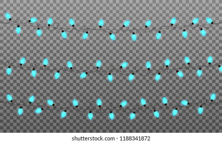 Christmas lights. Vector string lights garland for New Year and Xmas. Isolated blue glowing lights transparent effect