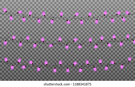 Christmas lights. Vector string lights garland for New Year and Xmas. Isolated purple glowing lights transparent effect