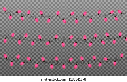 Christmas lights. Vector string lights garland for New Year and Xmas. Isolated red glowing lights transparent effect