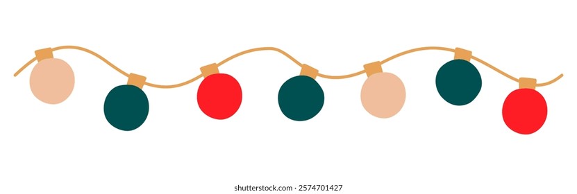 Christmas lights wavy garland with colored circle bulbs. Xmas festive string decoration with hanging retro lightbulb. Glowing lamps for holiday cards, banners, posters, web. Vector illustration.