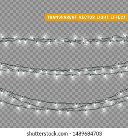 Christmas lights in white color. Decorations design element Christmas glowing lights. Decorative Xmas realistic objects. Holiday decor set of garlands. vector illustration