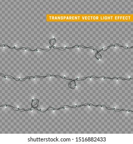 Christmas lights in white color. Decorations design element Christmas glowing lights. Decorative Xmas realistic objects. Holiday decor set of garlands. vector illustration