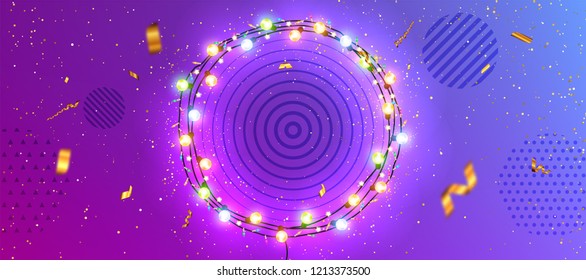 Christmas lights wreath for Xmas and New Year greeting card, banner, placard or poster. Eps10 vector illustration