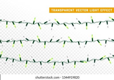 Christmas lights, Xmas decorations glowing green and white garlands. For light design background.
