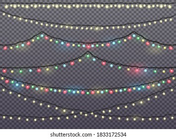 Christmas lights. Xmas garland. New Year design decorations. Colored garland Vector isolated