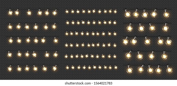 Christmas lights. Xmas glowing garlands of LED light bulbs on dark transparent background. Holiday decorations of realistic colorful lamps for new year greeting card, poster.