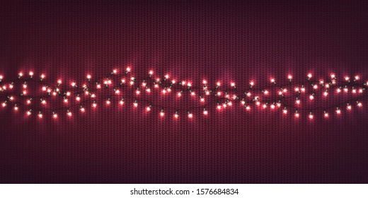 Christmas lights. Xmas glowing garlands of LED light bulbs on purple knitted texture. Holiday background with decorations of realistic colorful lamps for new year greeting card or poster.