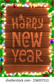 Christmas Lights with Xmas Tree and Balls. Typographic Label for Greeting Card Design. Wood Texture Background.