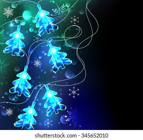 Christmas Lights as xmas trees on glowing green background.