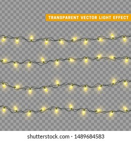 Christmas lights in yellow color. Decorations design element Christmas glowing lights. Decorative Xmas realistic objects. Holiday decor set of garlands. vector illustration