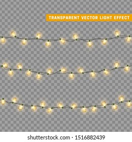 Christmas lights in yellow color. Decorations design element Christmas glowing lights. Decorative Xmas realistic objects. Holiday decor set of garlands. vector illustration