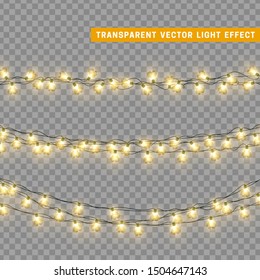 Christmas lights in yellow color heart shape. Decorations design element Christmas glowing lights. Decorative Xmas realistic objects. Holiday decor set of garlands. vector illustration