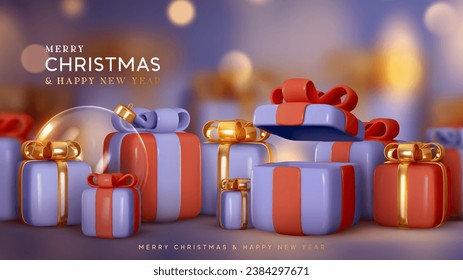 Christmas lilac background with pile purple and red gift box gold bow, open surprise gift, glass ball decoration. realistic 3d style, blurred bokeh lights effect. Vector illustration