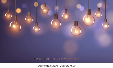 Christmas lilac background with realistic 3d retro glass light bulbs hanging on a ribbon, blurred bokeh lights effect. Xmas Holiday design. vector illustration