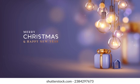 Christmas lilac background with realistic 3d retro glass light bulbs hanging on a ribbon, surprise gift box, blurred bokeh lights effect. Xmas Holiday design. vector illustration