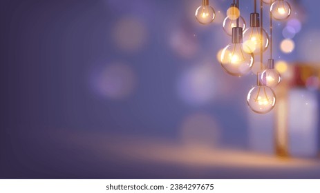 Christmas lilac background with realistic 3d retro glass light bulbs hanging on a ribbon, surprise gift box, blurred bokeh lights effect. Xmas Holiday design. vector illustration