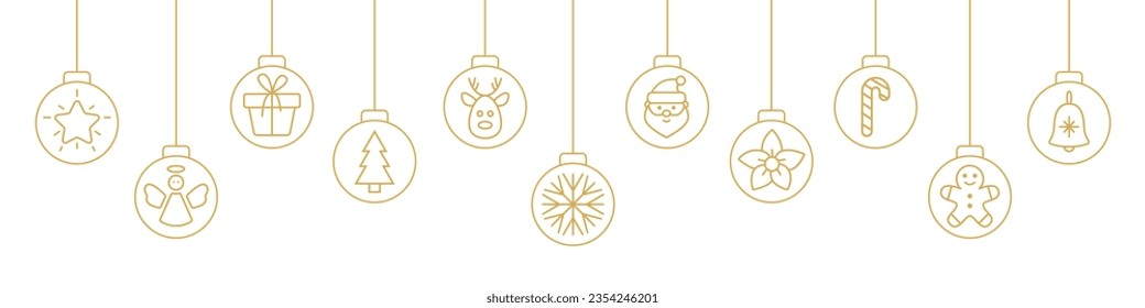 La línea navideña baubles. Bolas de oro de vacaciones con copo de nieve, santa, árbol de navidad, reno, caña de caramelo, ángel, caja de regalo. Ornamentos de Navidad colgantes. Tarjeta de Año Nuevo. Diseño de fiesta. Ilustración vectorial.