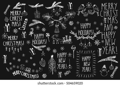 Christmas line art black and white drawings. Set of clipart for decoration, new year card, party invitation. Christmas tree, fir branches, ornaments, snowflakes, present box, sled, lights, cones.