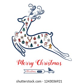 Christmas line art color icons set in Reindeer shape. Christmas drawing collection. Cartoon Vector Illustration.