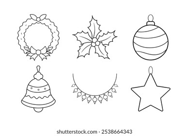 Christmas Line art Decoration Set of Wreath, Holly, Glass Ball, Bell, Garland, Star