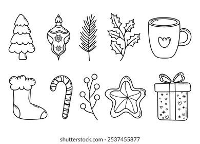 Christmas line art decorative elements set. Xmas hand draw outline ornaments set with holly, bow, candle, Christmas stockings, Christmas tree, bauble and berries 