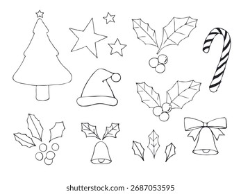 Christmas line art design elements set