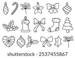 Christmas line art doodle elements set. Xmas hand draw outline ornaments set with holly, bow, candle, Christmas stockings, Christmas tree, bauble and berries 