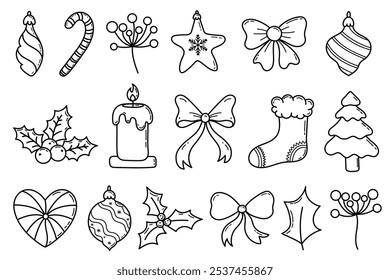 Christmas line art doodle elements set. Xmas hand draw outline ornaments set with holly, bow, candle, Christmas stockings, Christmas tree, bauble and berries 