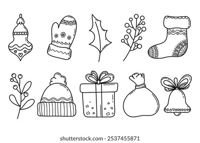 Christmas line art doodle elements set. Xmas hand draw outline ornaments set with Christmas stockings, mitten, bauble, holly, gift box, Santa bag, bell