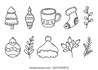 Christmas line art doodle elements set. Xmas hand draw outline ornaments set with Christmas stockings, Christmas tree, Santa hat, baubles, berries 