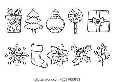 Christmas line art doodle elements set. Xmas hand draw outline ornaments set with Christmas stockings, Christmas tree, bauble, gift box, poinsettia, holly