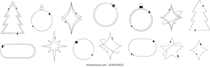 Christmas line art elegant vector frames, minimalist highlight shape set, retro festive design element set