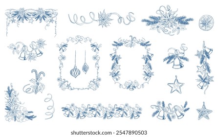Christmas line art frames and borders, clipart witn bell and pine tree. Hand-drawn winter designs	