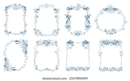 Christmas line art frames witn bell and pine tree. Hand-drawn winter designs	