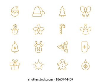 Christmas line art golden set. Outline design elements with snowflake, santa, star, christmas tree, ball, sock, gift box, candy cane, reindeer. Cute traditional Holiday icons. Vector illustration.